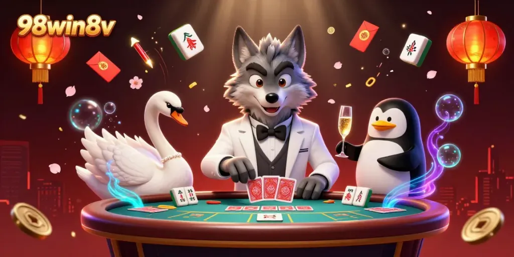 Experience the excitement of baccarat at 98win8v with a lavish 3D casino illustration featuring elegant characters and dynamic elements.