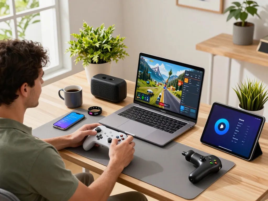 Smart tech gadgets in a modern home office, featuring gaming controller, fitness tracker, and kitchen thermometer.