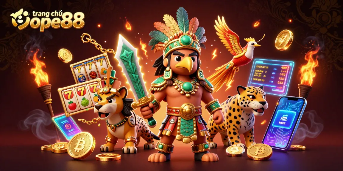 Play thrilling games on trang chủ ope88, featuring Aztec warriors with slot reels and crypto elements.