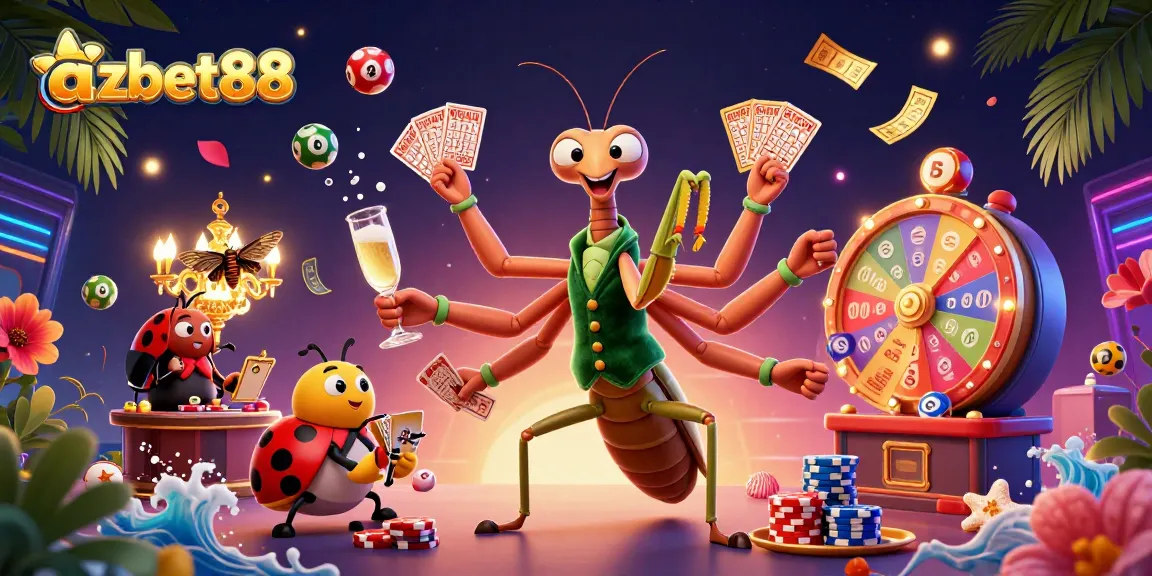 azbet88 showcases a vibrant 3D casino scene with characters engaged in thrilling gambling activities amidst colorful elements.