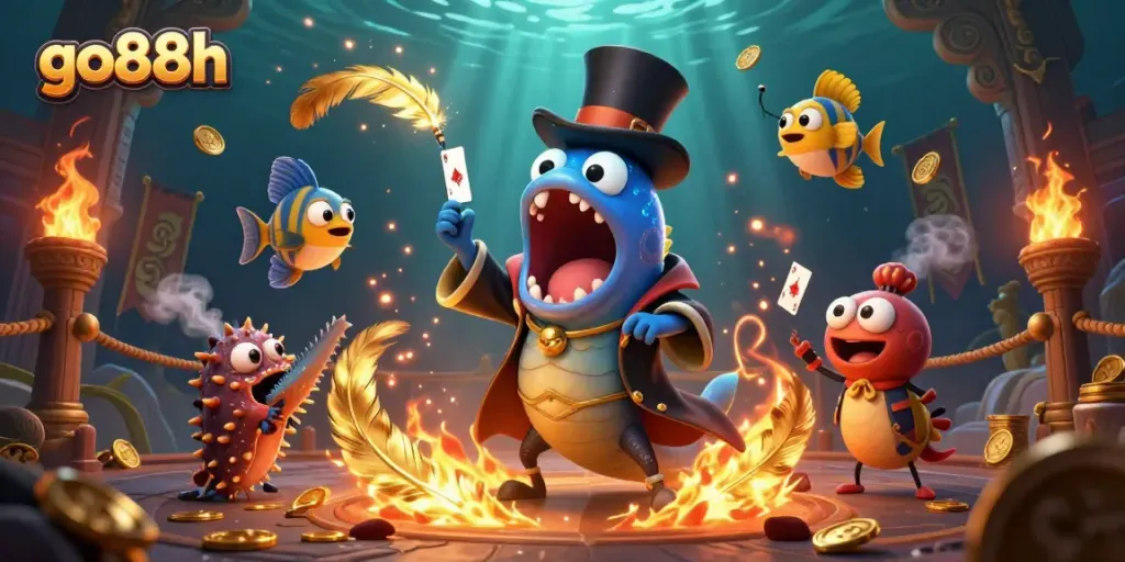 Showcase exciting gameplay with go88h characters in a vibrant underwater casino scene.