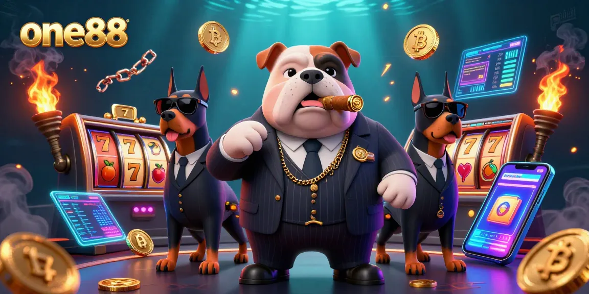 Win big at one88 with this vibrant casino scene featuring a mafia bulldog and Doberman bodyguards.