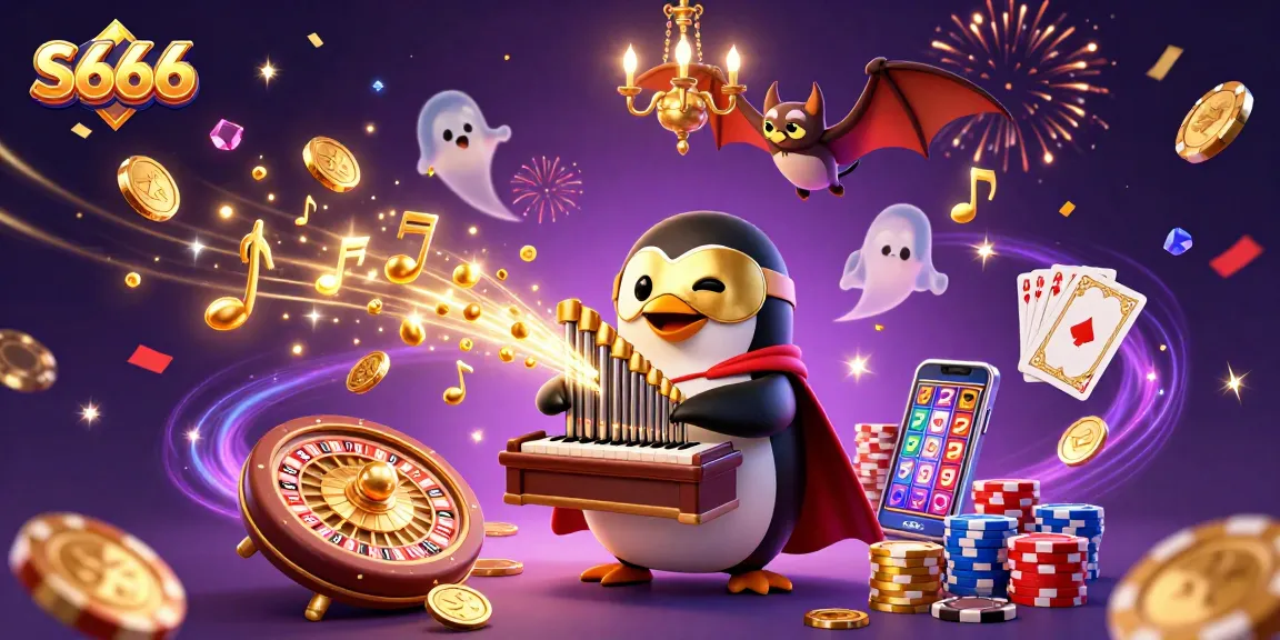 S666 penguin playing organ bursts with coins, thrilling casino adventure awaits!
