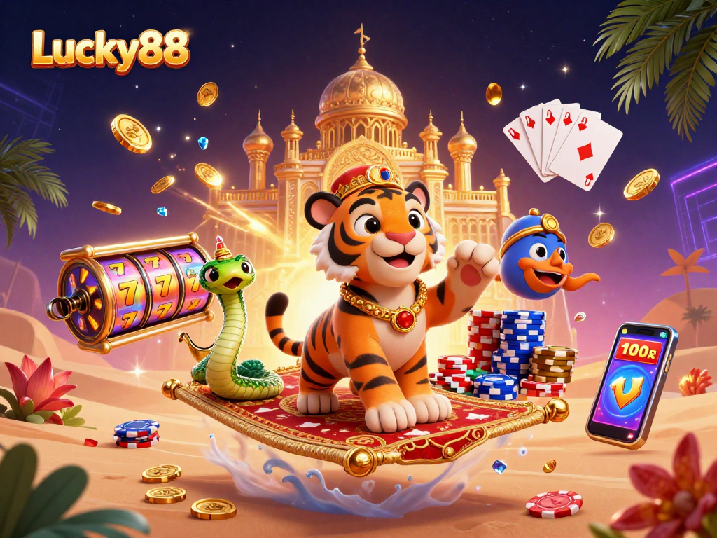 Experience thrilling moments at Lucky88 with a vibrant 3D illustration of casino magic and excitement.