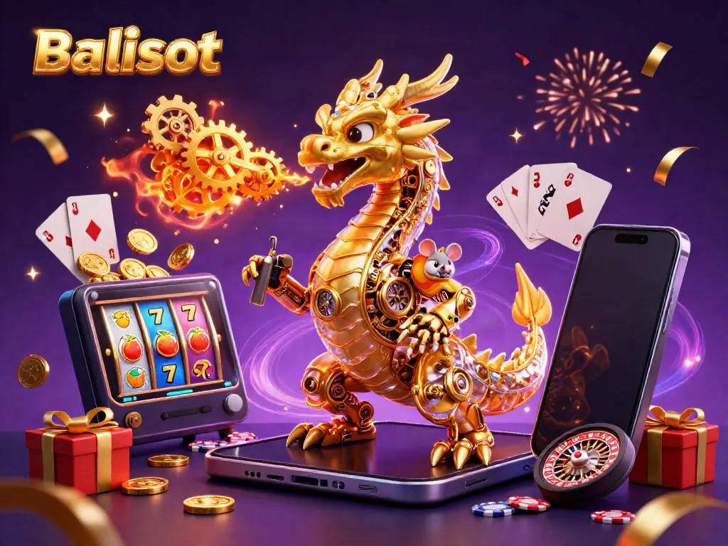 Balislot showcases a vibrant 3D scene featuring a golden dragon amidst casino game symbols, enhancing immersive gameplay.