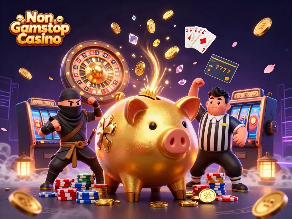 Experience vibrant action at Non Gamstop Casino with a golden piggy bank sumo wrestler, coins, and thrilling game elements.