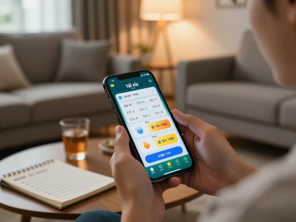 Engaging with app tài xỉu online, user enjoying betting strategy in cozy home setting.