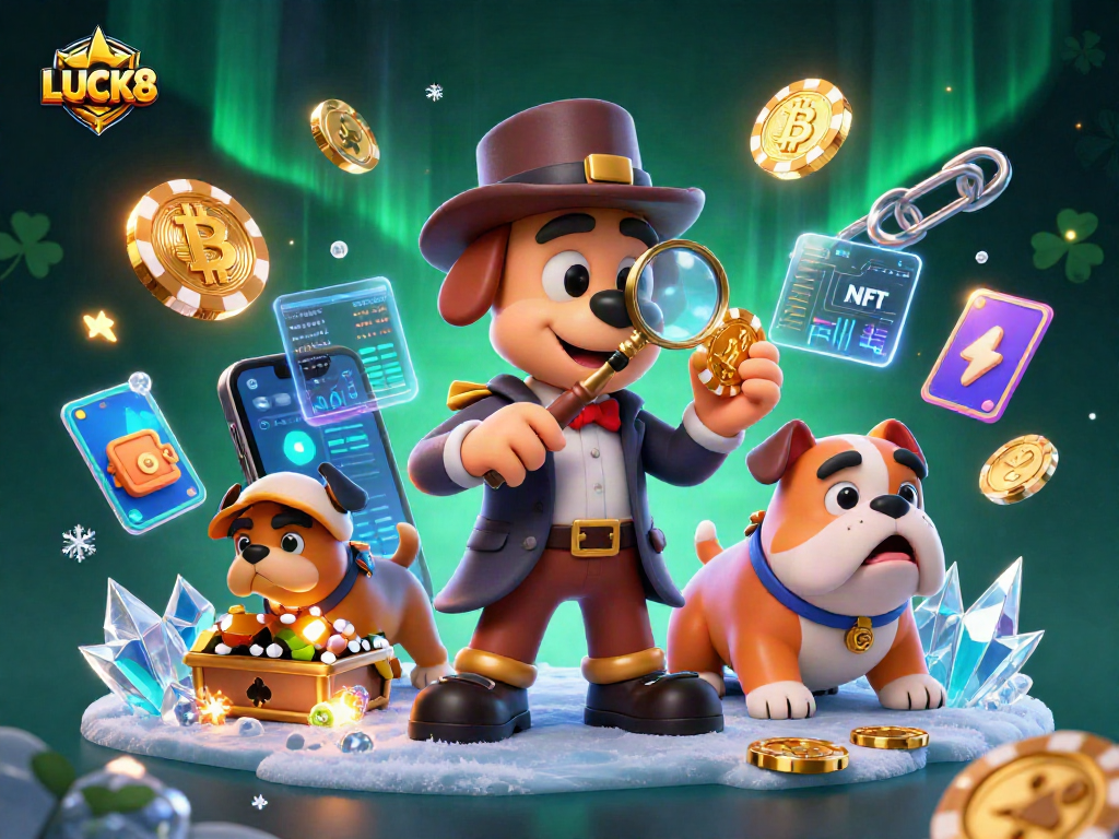 LUCK8 chơi game casino với chú chó thám tử, chip vàng và tiền ảo rực rỡ.