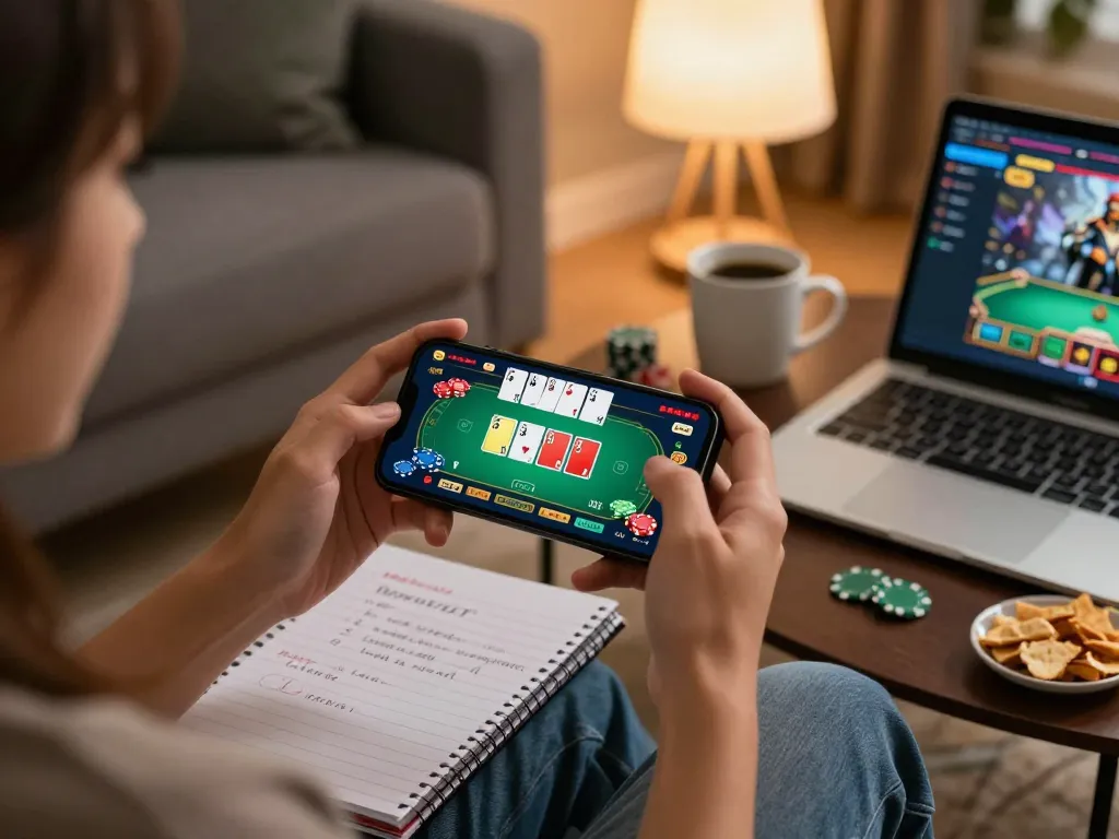 Engaging in online poker gameplay on mm88star from a cozy home setup, highlighting strategic notes and snacks.