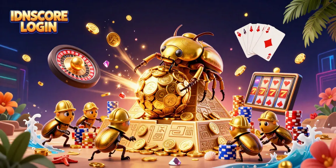 Experience the excitement of IDNSCORE LOGIN with golden beetles rolling coins in a vibrant casino scene.