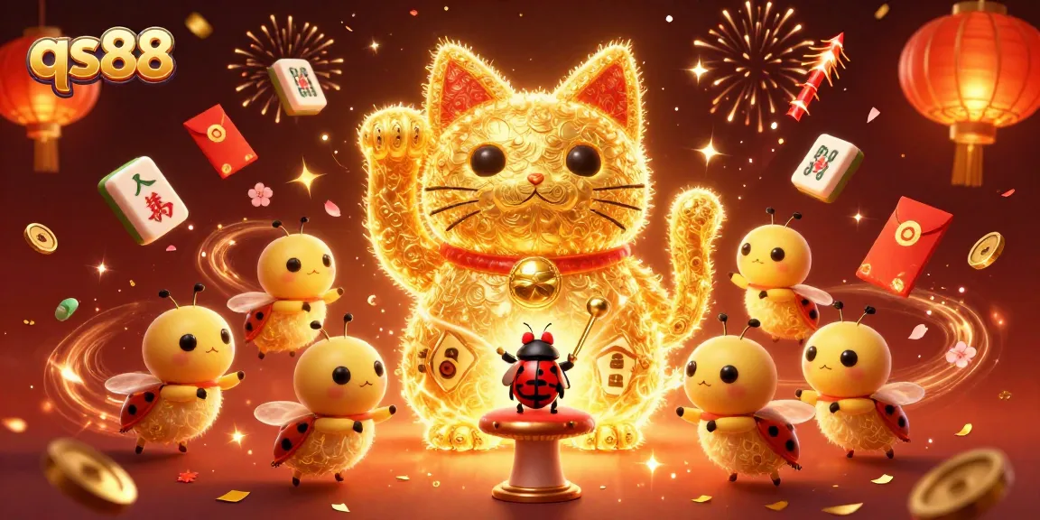 Engage with qs88's vibrant casino experience featuring a magical lucky cat made of fireflies.