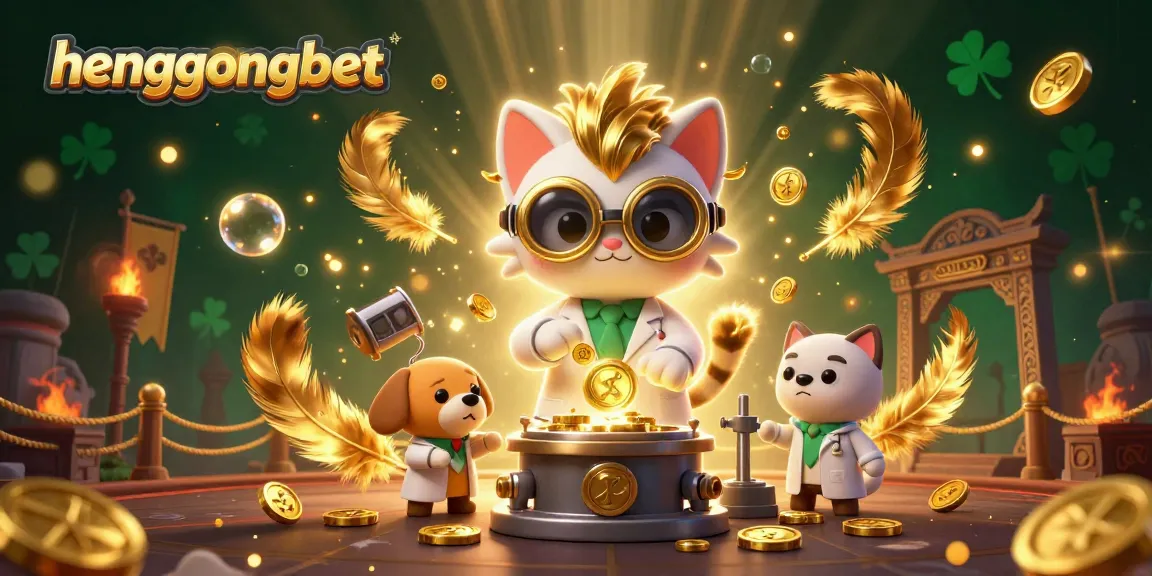 Engage with hengongbet's fortune in a vibrant 3D scene featuring a mad scientist cat and assistant, amidst swirling coins and casino elements.