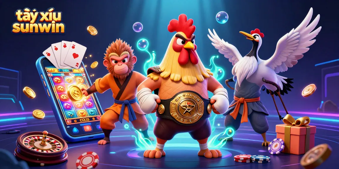 Experience the thrill of tài xỉu sunwin with a dynamic 3D scene featuring vibrant characters and slot games.