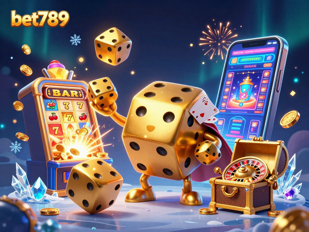 Engage with bet789 for exciting jackpots as golden dice and a roulette companion celebrate winning moments.