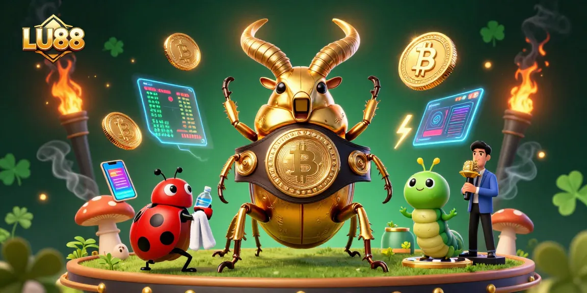 Engage with LU88's vibrant gaming scene featuring a champion beetle and lively game elements, enhancing online gambling excitement.