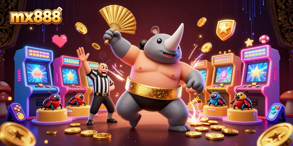Experience exciting gameplay with mx888's vibrant cartoon scene of a beetle champion and animated casino elements.