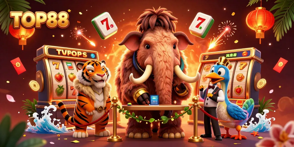 Experience the vibrant world of TOP88 with a 3D cartoon casino scene featuring unique characters and game symbols.