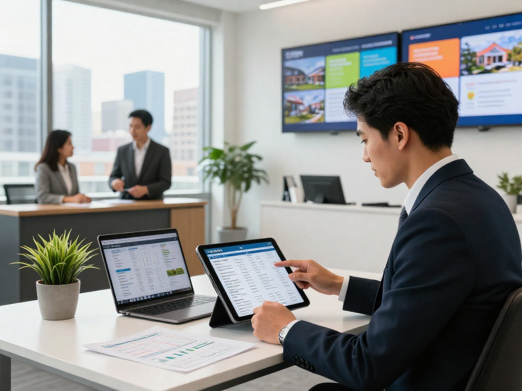 Real estate agent using IDXSTAR technology for property listings in a modern office