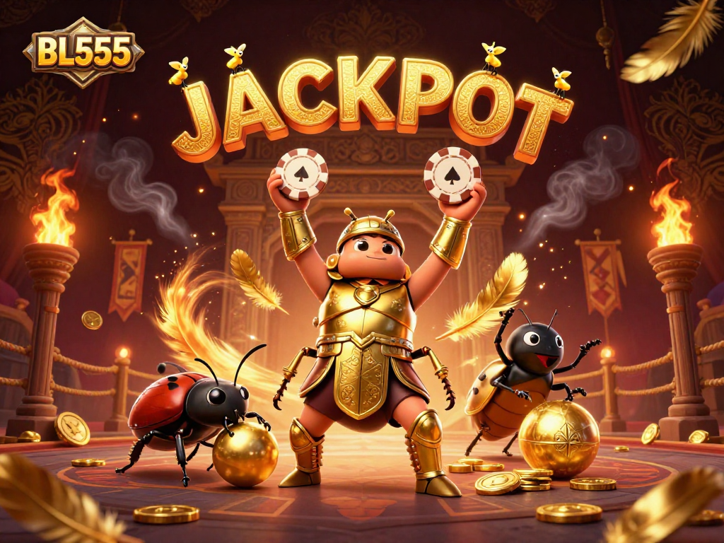 Experience thrilling victories at BL555 with a heroic beetle and dazzling jackpot celebration.