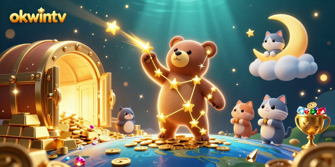 Engage with okwintv's vibrant online casino experience, enjoying realistic 3D gambling elements in an immersive illustration of cosmic treasures.