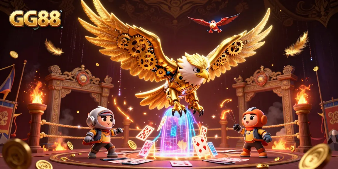 Experience thrilling gameplay at GG88 with a dynamic illustration of a cybernetic eagle soaring through casino elements.
