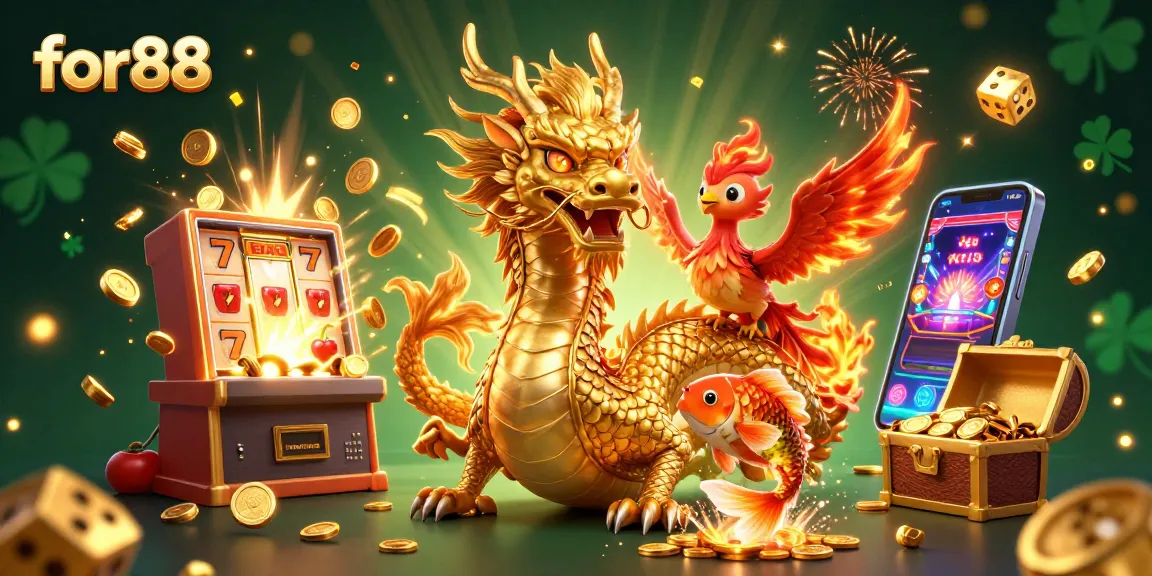 Experience the excitement of for88 with a dynamic illustration featuring a golden dragon, a phoenix, and casino elements.