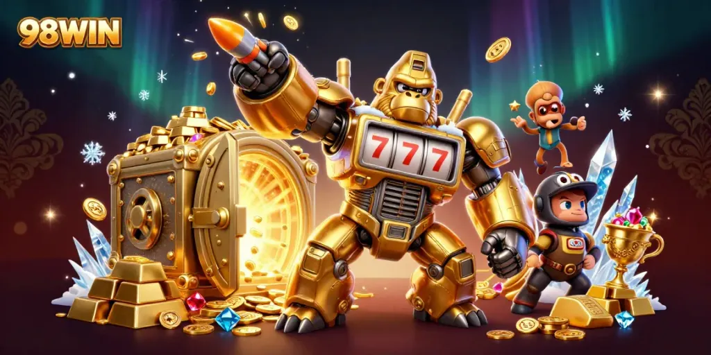 Experience the vibrant world of 98WIN with our dynamic casino-themed 3D illustration featuring a golden gorilla mech.