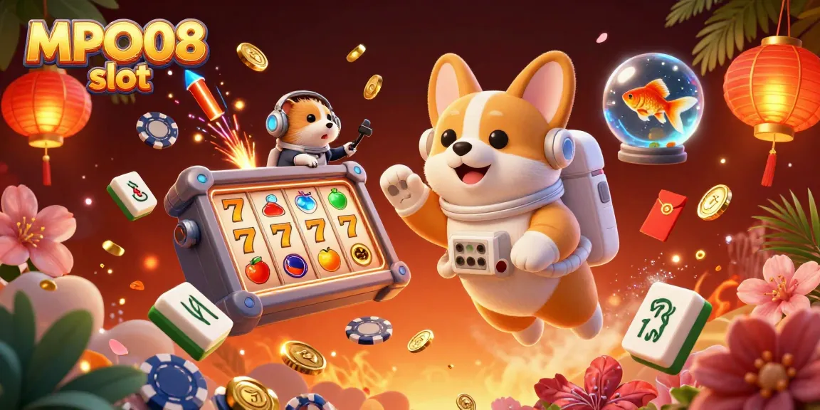 Experience excitement playing MPO08 slot in a vibrant space casino with a cartoon corgi, hamster, and goldfish.