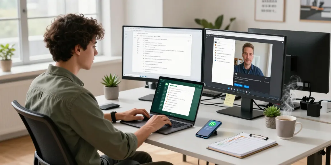 Professional using WhatsApp網頁版 on laptop in a modern workspace