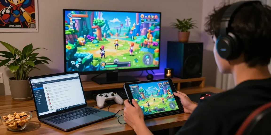 Player enjoying free hentai games on tablet in cozy gaming space with engaging visuals.