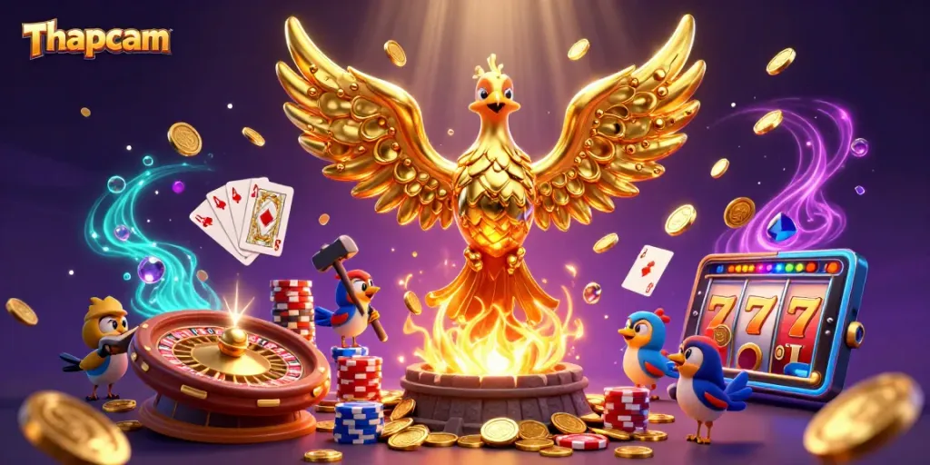 Thapcam showcases a vibrant and dynamic scene with a golden phoenix and magical gambling elements.