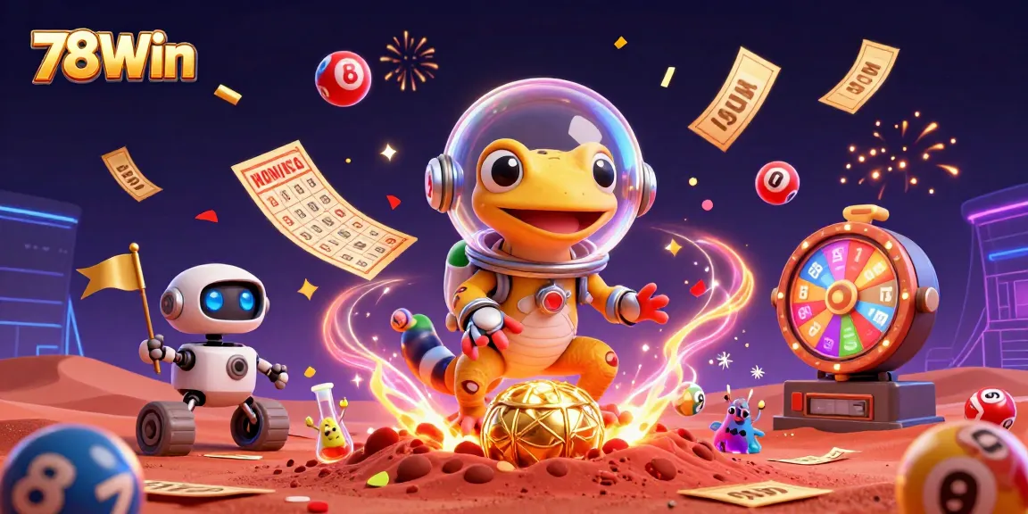 Join 78Win's exciting adventure as a Martian gecko discovers a golden casino amidst colorful lottery excitement!