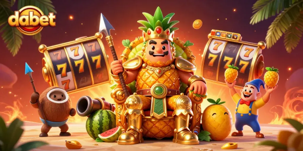 Engage with dabet in a vibrant casino world featuring a pineapple king and dynamic slot symbols.
