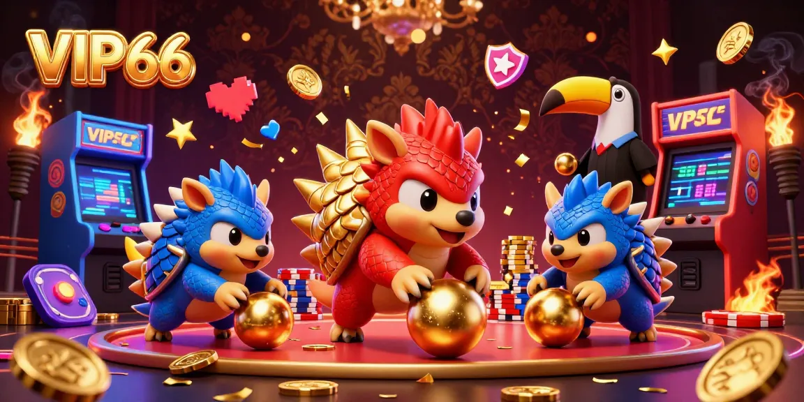 Experience VIP66 excitement with rival pangolins bowling through poker chips in a vibrant casino game scene.