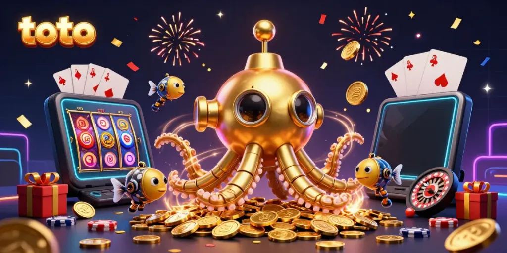 Toto-themed online casino illustration featuring a golden kraken submarine amidst coins and gaming elements.