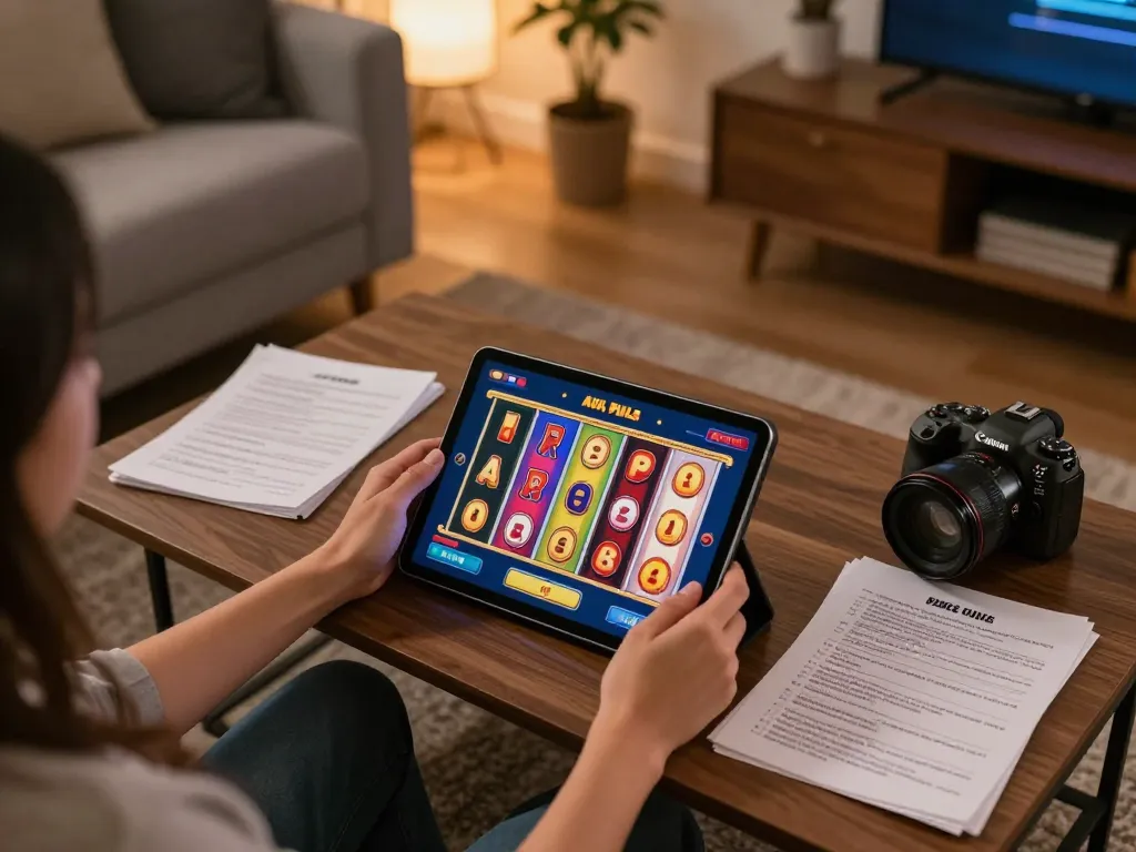 Engaging in slot pulsa gameplay on a tablet in a cozy home setting, reflecting strategic betting