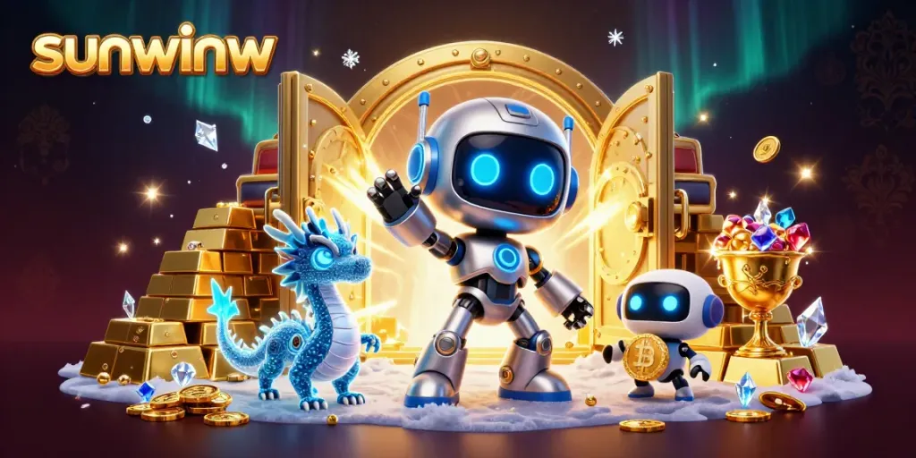 Engage with exciting gameplay at sunwinw, featuring a thrilling 3D casino scene with robots and treasure.