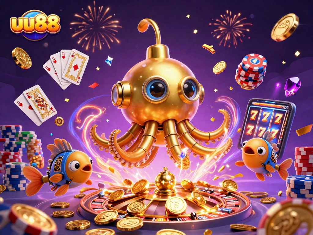 Engage with the ultimate gaming experience at uu88 featuring a golden kraken submarine amid cascading coins and vibrant casino elements.