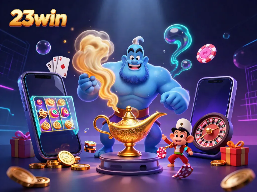 Experience 23win's exciting casino adventure with a magical genie and vibrant games.