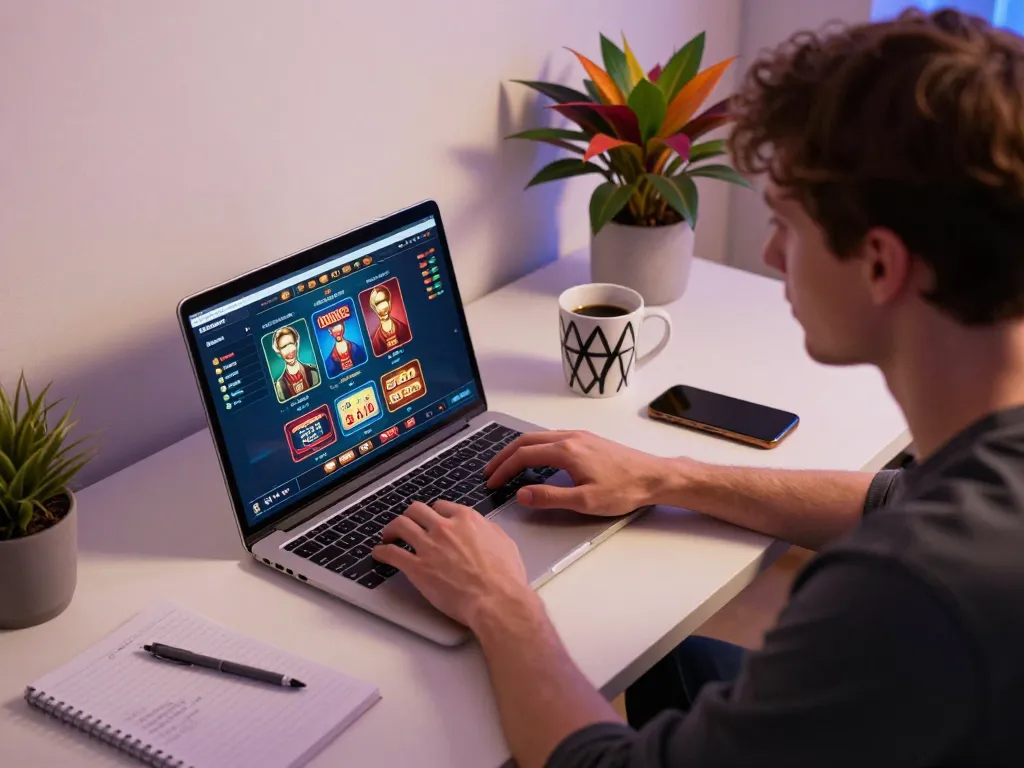 สัมผัส ทางเข้าเล่น m88 กับบรรยากาศการเล่นเกมออนไลน์ที่น่าดึงดูด featuring a player at a stylish desk.