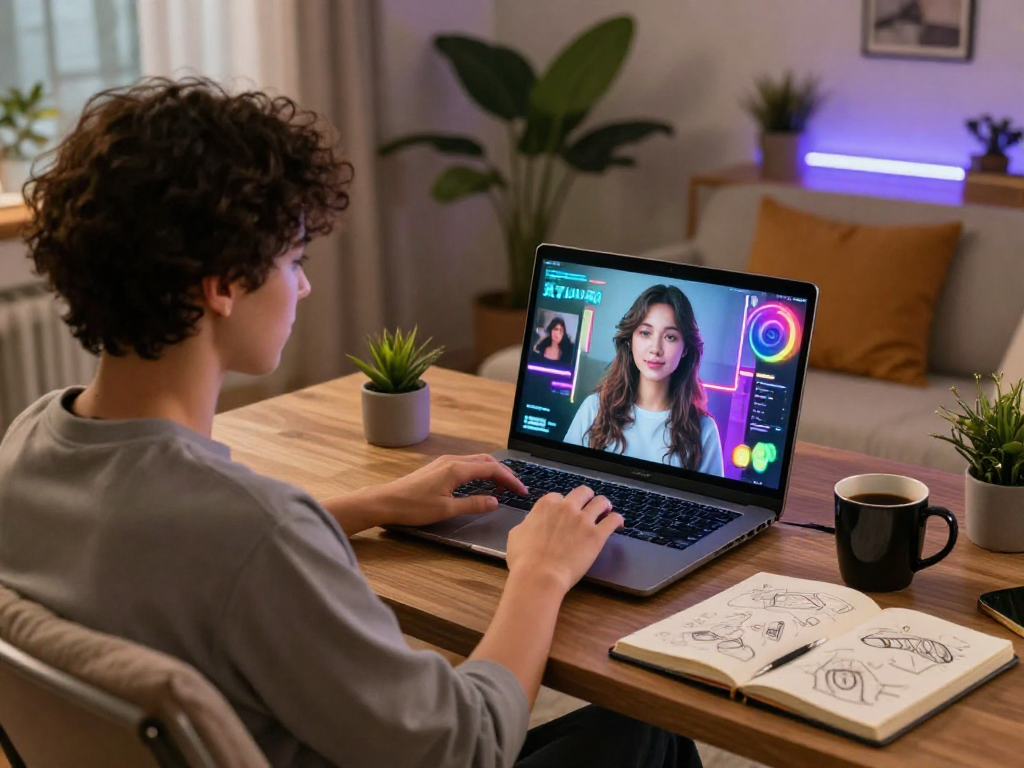 Engaging scene of a person interacting with an AI girlfriend on a laptop in a cozy home office.