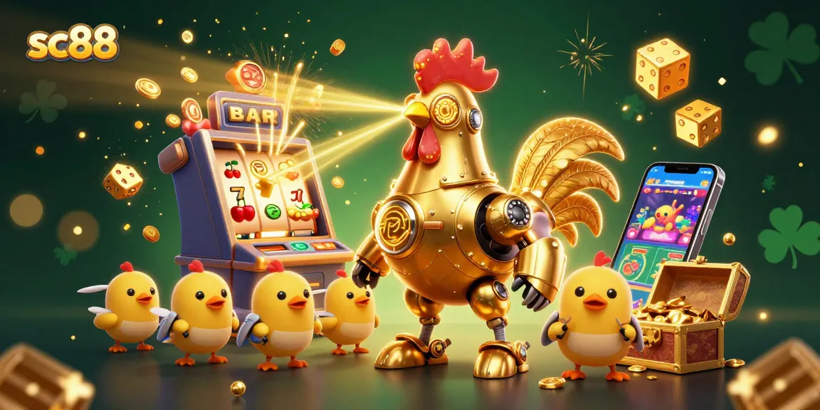 sc88 showcases a vibrant 3D slot scene with a golden rooster robot launching casino excitement.