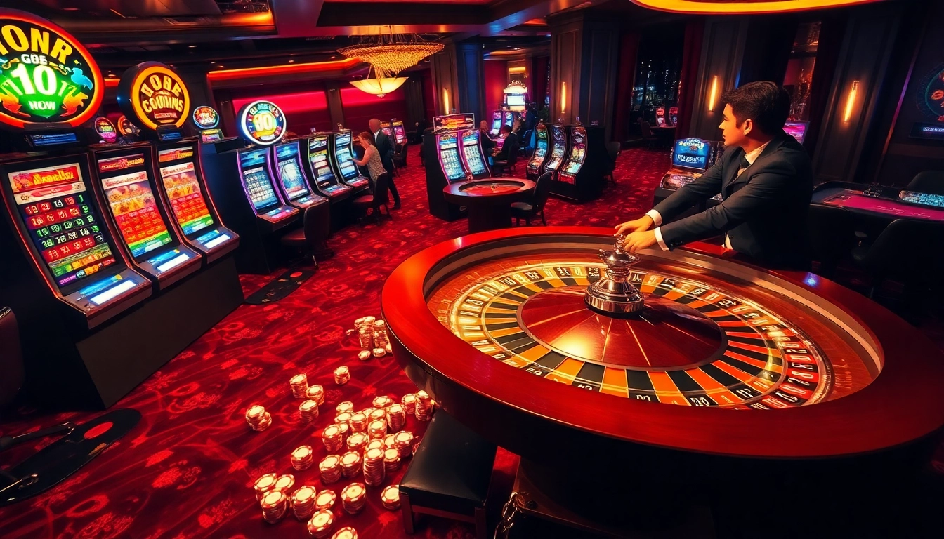 Engage with NK88's vibrant casino floor, showcasing roulette, slots, and professional dealers in action.