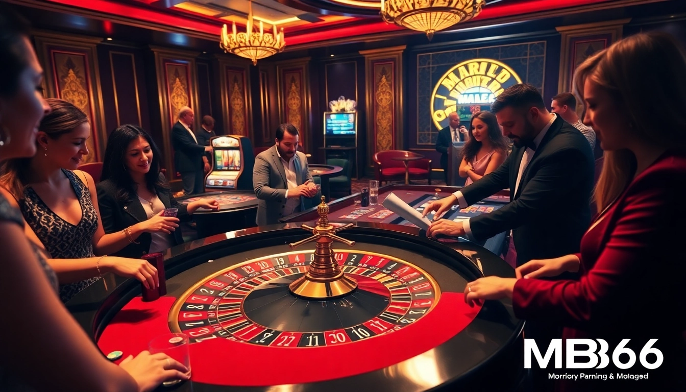 Players enjoying the excitement of roulette at MB66 Casino with vibrant poker chips and luxury decor.