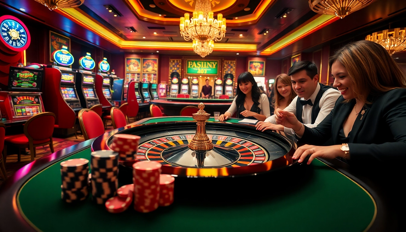 Players enjoy an exciting game at the Fun 88 casino, surrounded by vibrant roulette tables and luxurious decor.