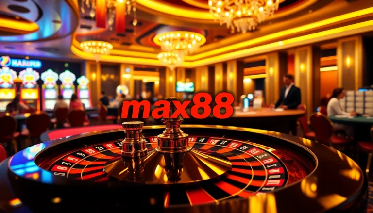 Experience thrill at max88’s casino with vibrant roulette, poker tables, and flashing slot machines.