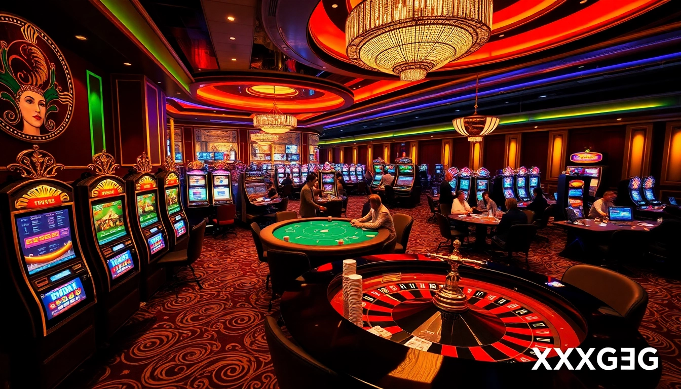 Experience thrilling gameplay at XXGG with vibrant slot machines and a lively poker table.