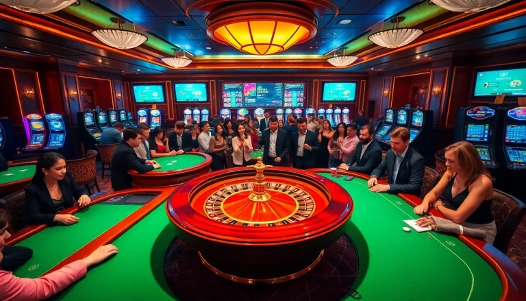 A thrilling scene at a luxurious casino with dynamic betting action at https://bem88.io/ featuring poker, roulette, and slot machines.