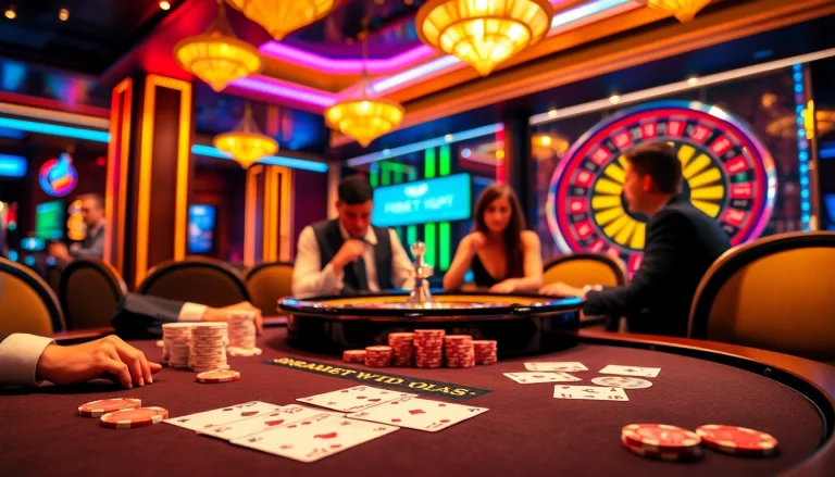 Exciting casino gaming scene highlighting poker chips and cards at https://febet4.art/ in a luxurious setting.