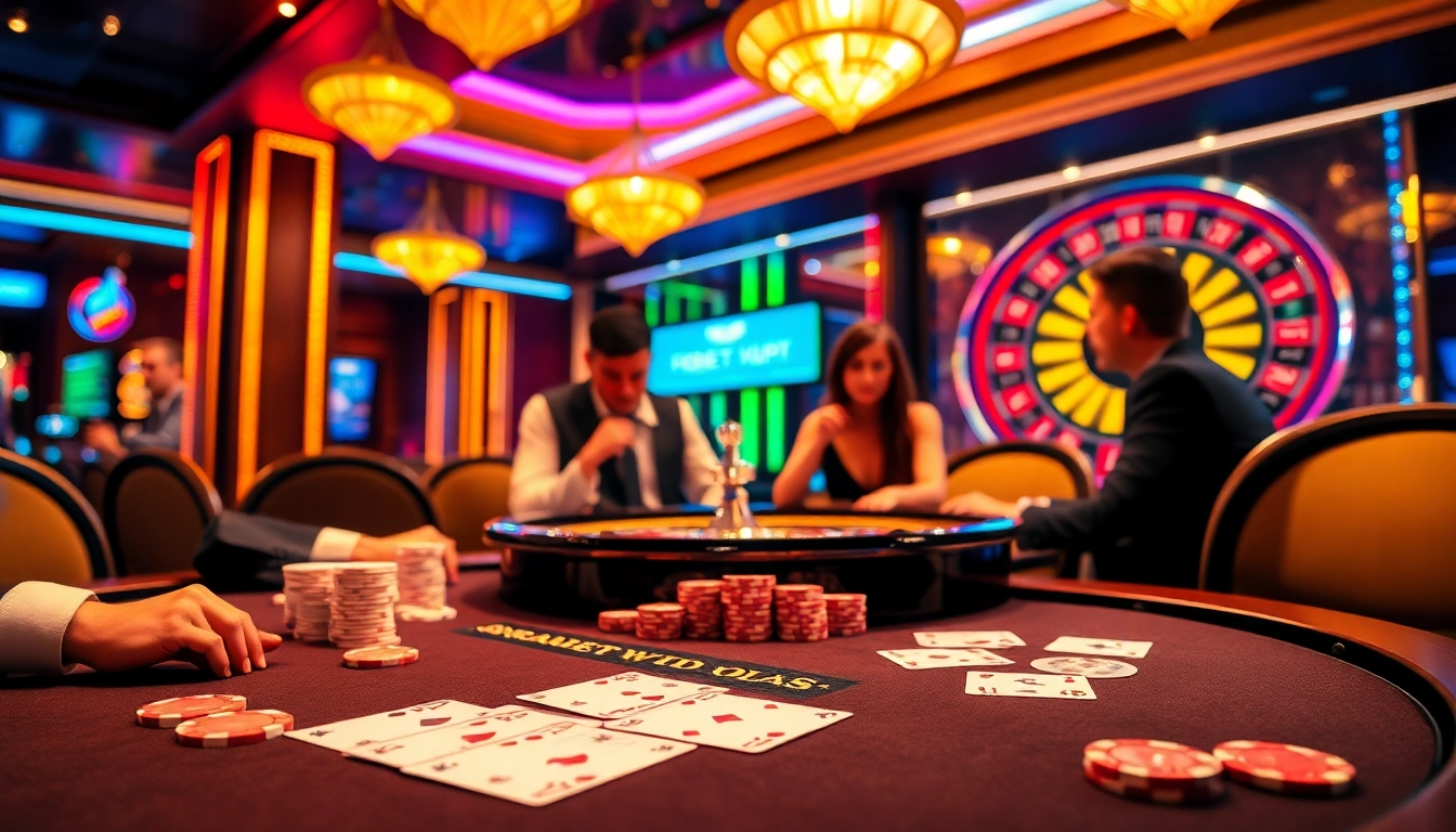 Exciting casino gaming scene highlighting poker chips and cards at https://febet4.art/ in a luxurious setting.